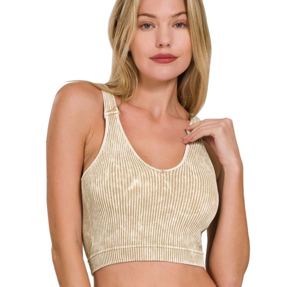 Zenana Outfitters Tops - 2 for 30$ Beige Mocha Ribbed Zenana Seamless Vee Neck Crop Top & Removable Pads